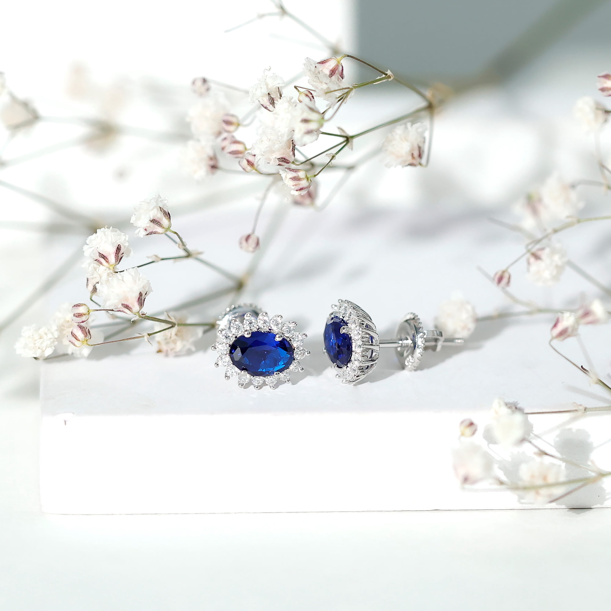 Rosec Jewels Lab Grown Blue Sapphire Halo Earrings in Silver - 5X7 mm Oval Sapphire Earrings Screw Back (AAAA Grade) - Ready to Gift