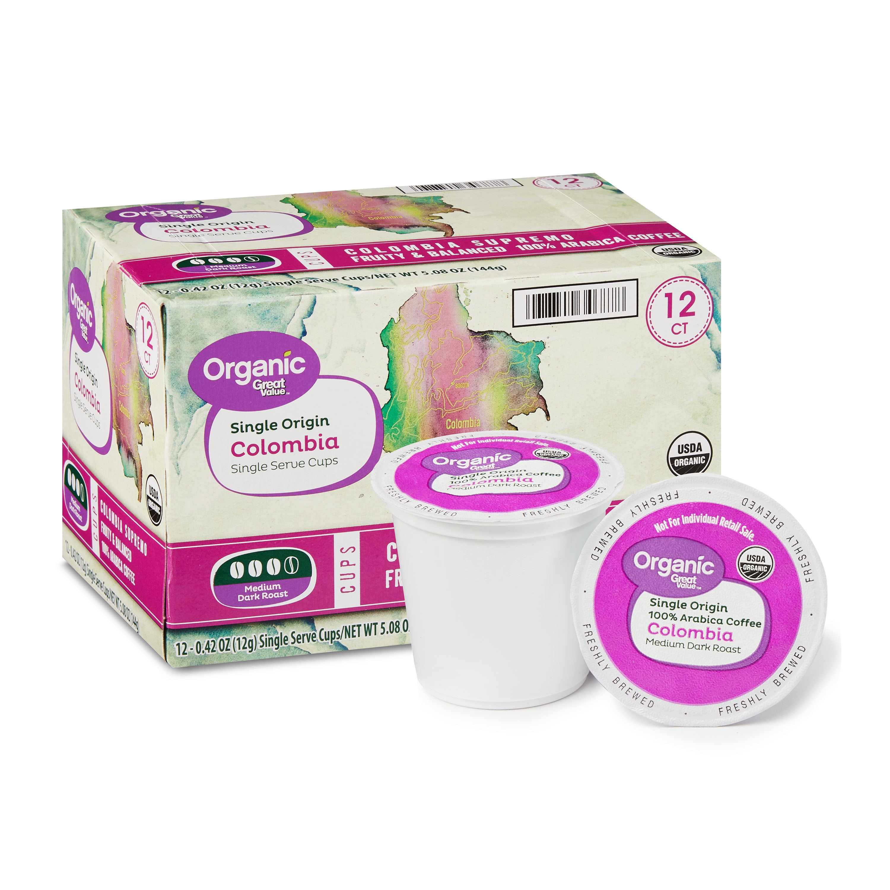 Great Value Organic Colombia Coffee Single Serve Cups, Medium Dark
