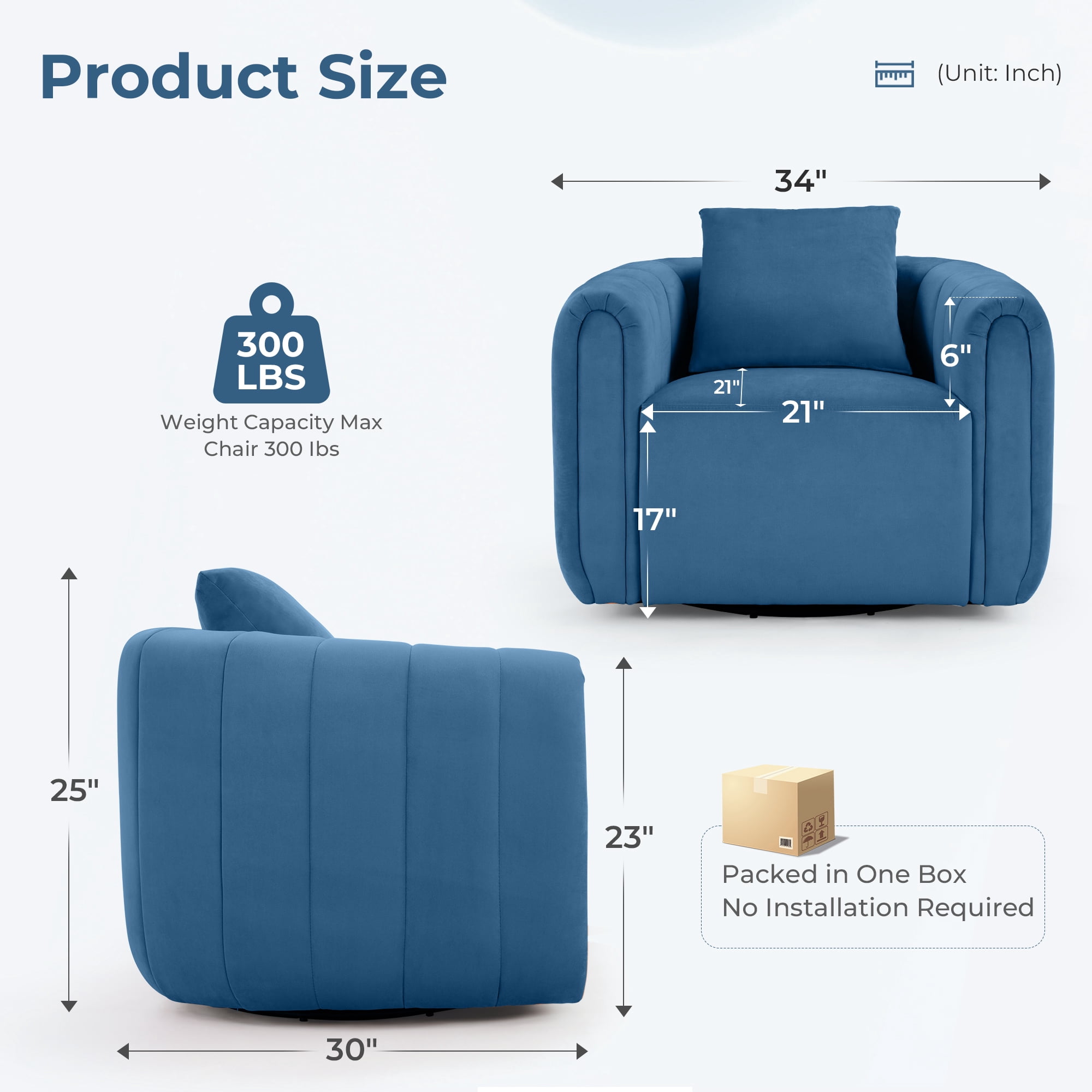 Ebello  Swivel Accent Chair, Modern Velvet Living Room Chair with Pillow, Barrel Chair for Bedroom & Reading Corner (Blue，1 Pack，Fully Assembled )