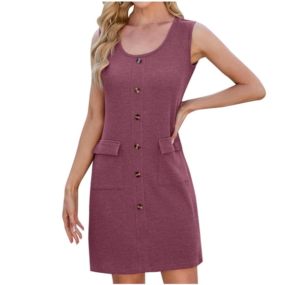 Lenpel Dresses for Women Summer Casual Sleeveless Scoop Neck Button Front Knit Mini Tunic Dress Textured Tank Sundresses