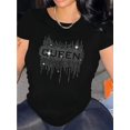 thumbnail image 1 of D129 Women's Casual Short Sleeve T-Shirt with Rhinestone Heart & "GREEN" Graphic Print, Stretchy Cotton Blend, Round Neck, Machine Washable, All-Season Comfort, Allseason Apparel | Round Neck Tshirt, 1 of 7