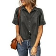thumbnail image 3 of Yigetop Button Down Shirts for Women Denim Button Down Shirt Short Sleeve Loose Fit Tops Cotton Denim Tops with Chest Pockets Shirts for Women Black 2XL, 3 of 10