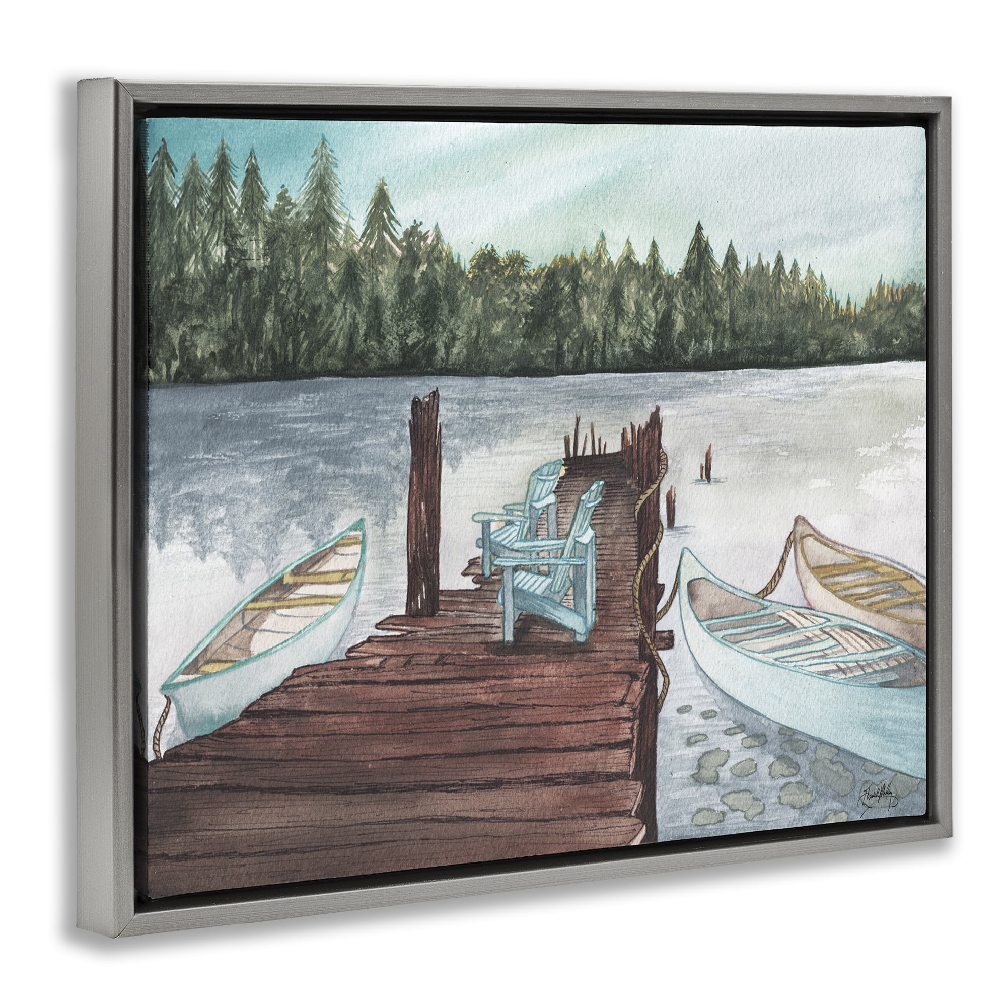 Stupell Industries Canoes at Lake Dock Landscape Painting Gray Floater Framed Canvas Art Print Wall Art, 21 x 17