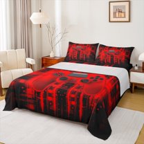 Feelyou Red Gamepad Boy Bed Sheets, Fashion Game Console King Sheets, Futuristic Stripes Lines Sheet Set, Breathable Home Decor, 4-Piece