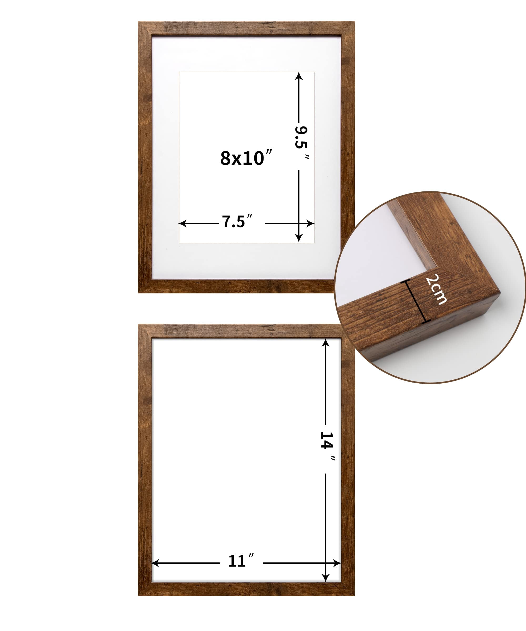 Afuly 11x14 Picture Frame with Mat, Wooden Frames for 11x14 8x10 Photos Display, Modern Walnut Photo Frame Set for Wall and Tabletop, Gifts for Mom Dad Grandma Family Friends, Set of 2