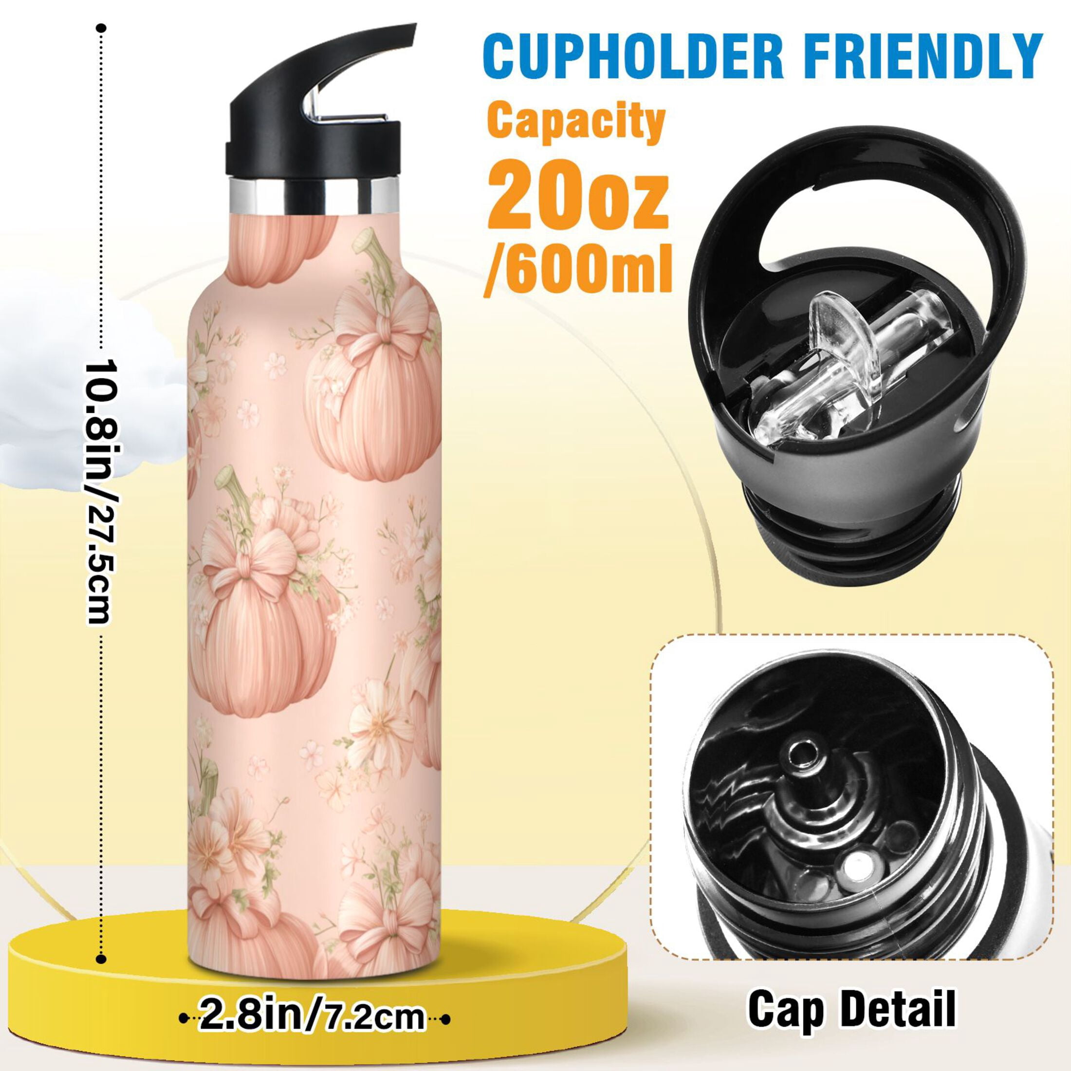 Kids Insulated Stainless Steel Sports Water Bottle 600ml (20oz) Pastel Pink Pumpkins and Flowers