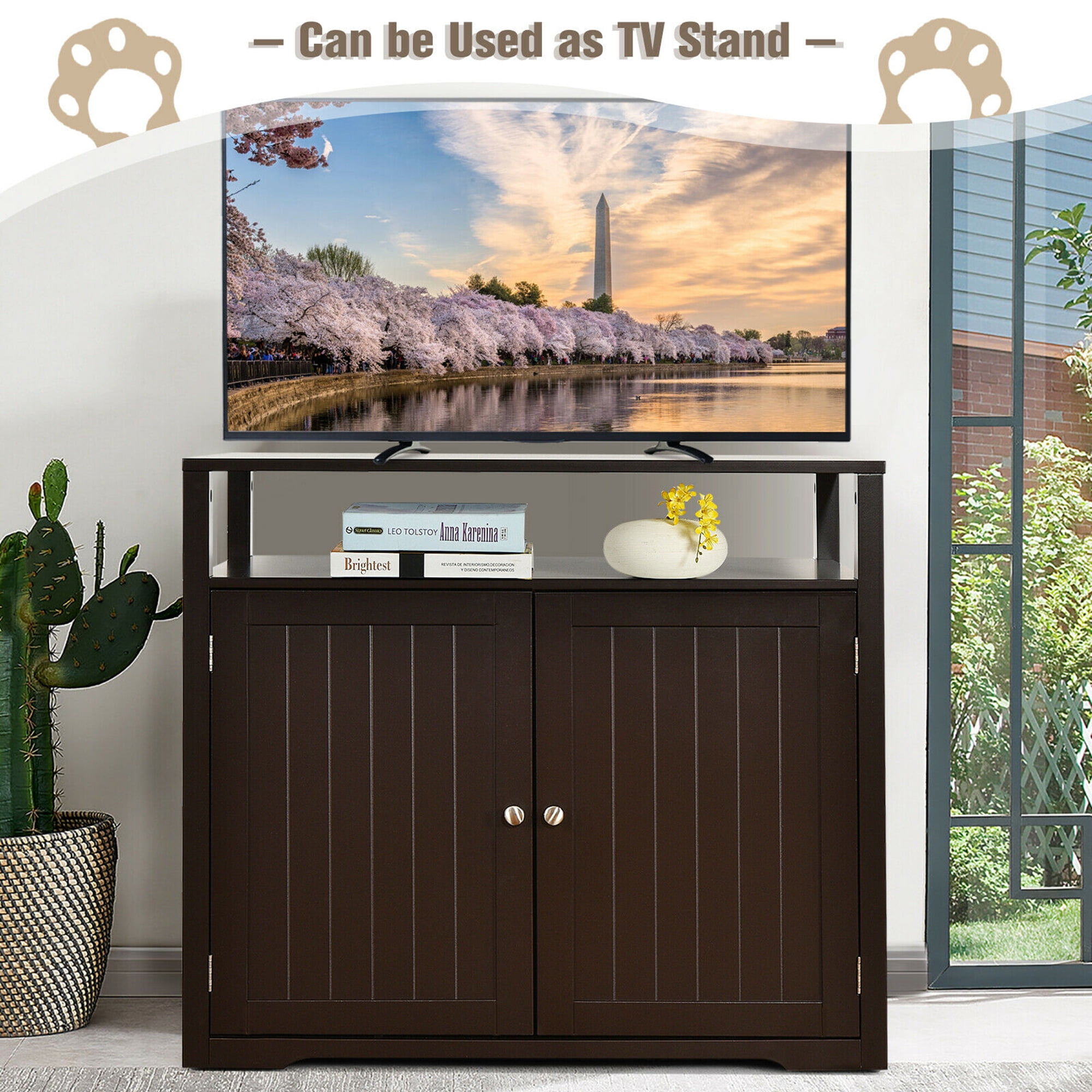 Gymax Brown Wooden Cat Litter Box Enclosure with Storage Layer