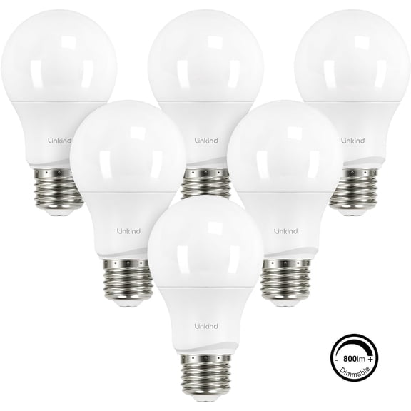 Linkind A19 LED Light Bulbs, 60 Watt Eqv, 2700K Soft White, 9W 800 Lumens, Dimmable, E26 Standard Base LED Bulbs, UL Listed, 6 Pack