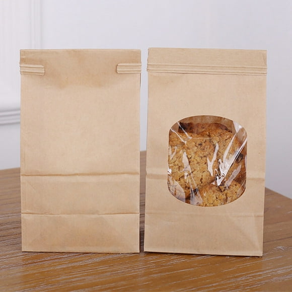 50Pcs Bakery Bags with Clear Bags Cookie Window Sealing Grease Proof Kraft Paper Bag for Food Snacks Cookie Coffee, L