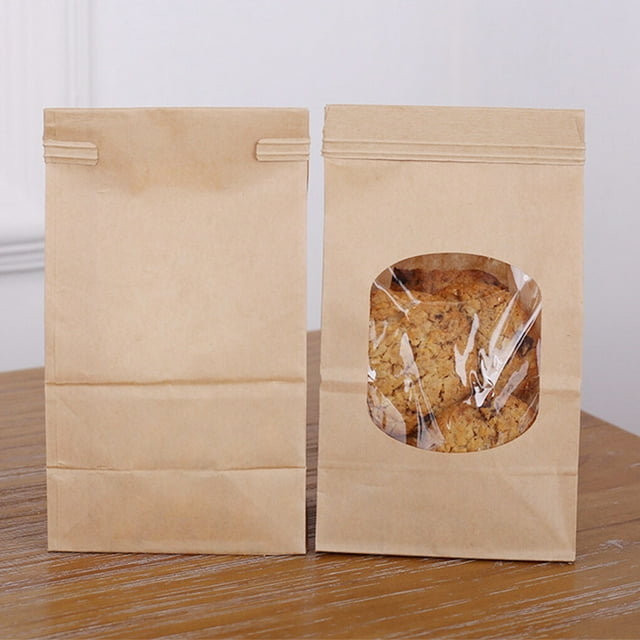 serony 50Pcs Bakery Bags with Clear Window Sealing Grease Proof Kraft Paper Bag for Food Snacks Cookie Coffee, L