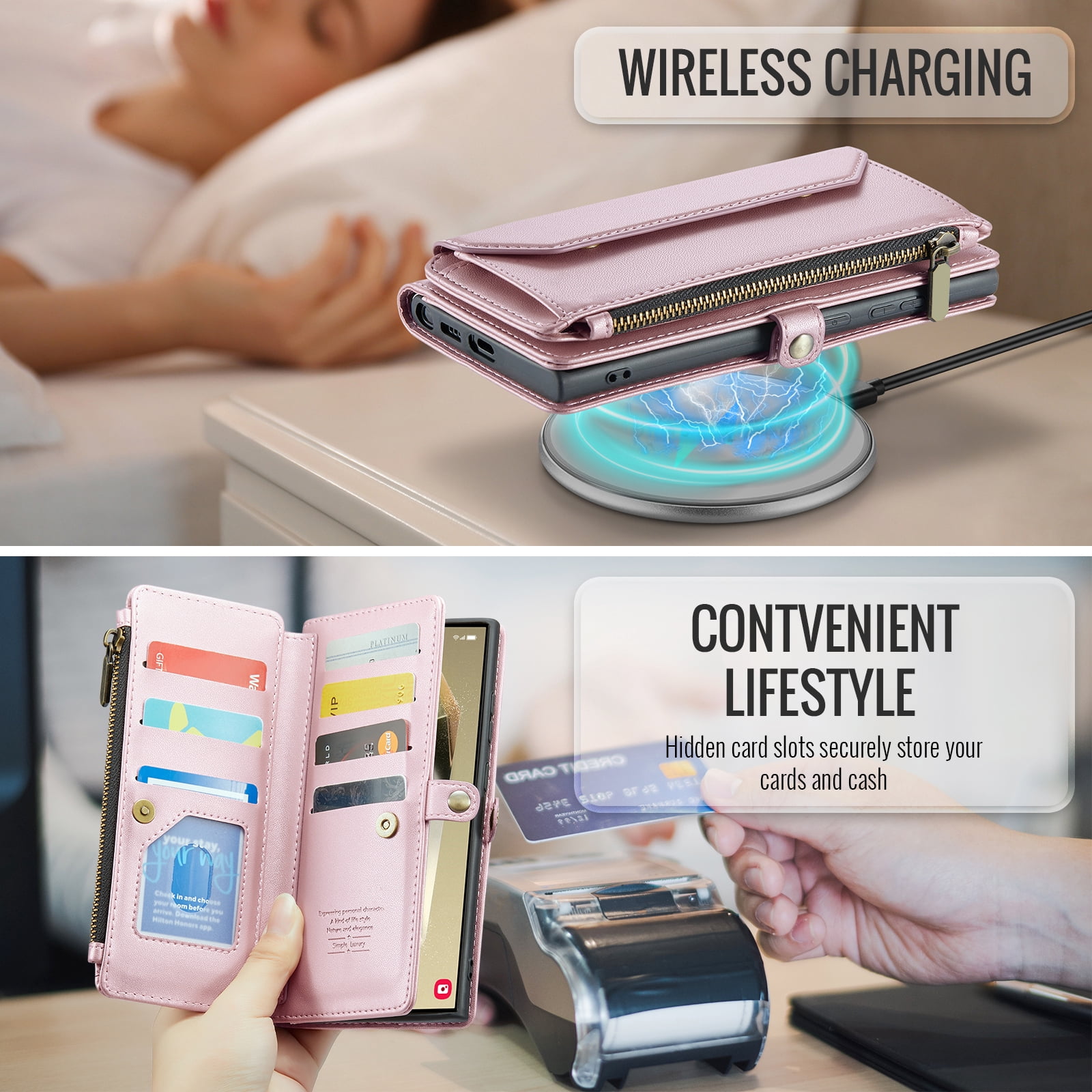 Compatible with Samsung Galaxy S24 Ultra 5G Zipper Wallet Phone Case Tempered Glass Screen Protector Crossbody Lanyard Strap Flip Card Holder Slot Cell Cover for S24Ultra 24S S 24 24U Women Rose Gold
