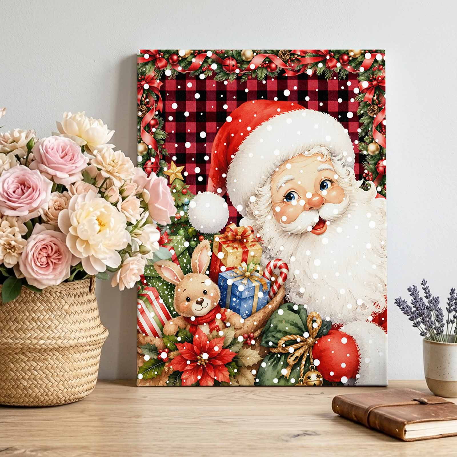 Canvas Wall Art Christmas Santa Claus Framed Canvas Prints for Living Room Bedroom Xmas Gifts Farm Buffalo Plaid Snowflake Gallery Wrapped Wall Decor for Home Office Gifts 12 x16 Ship Next Day