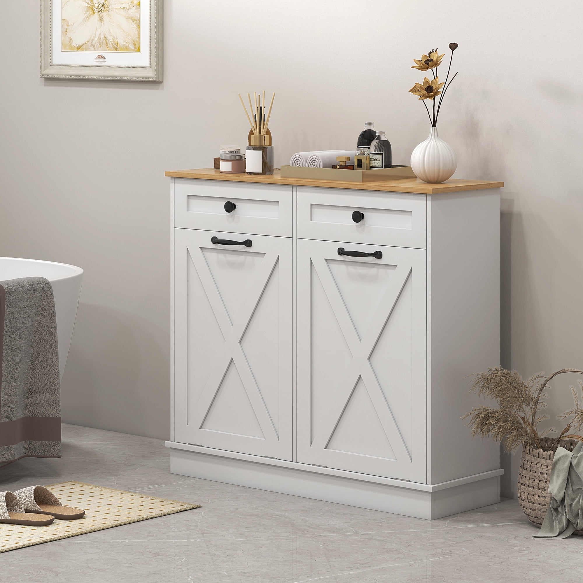 HOMCOM Tilt Out Laundry Hamper Cabinet with 2 Baskets and 2 Drawers, White