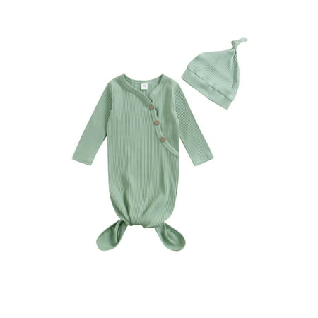 

Woshilaocai Baby Girl Boy Knotted Nightgown Newborn Infant Long Sleeve Sleeper Gown Romper Coming Home Outfits with Hat