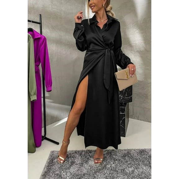 Side Tie Overlap Hem Dress, Black, Small