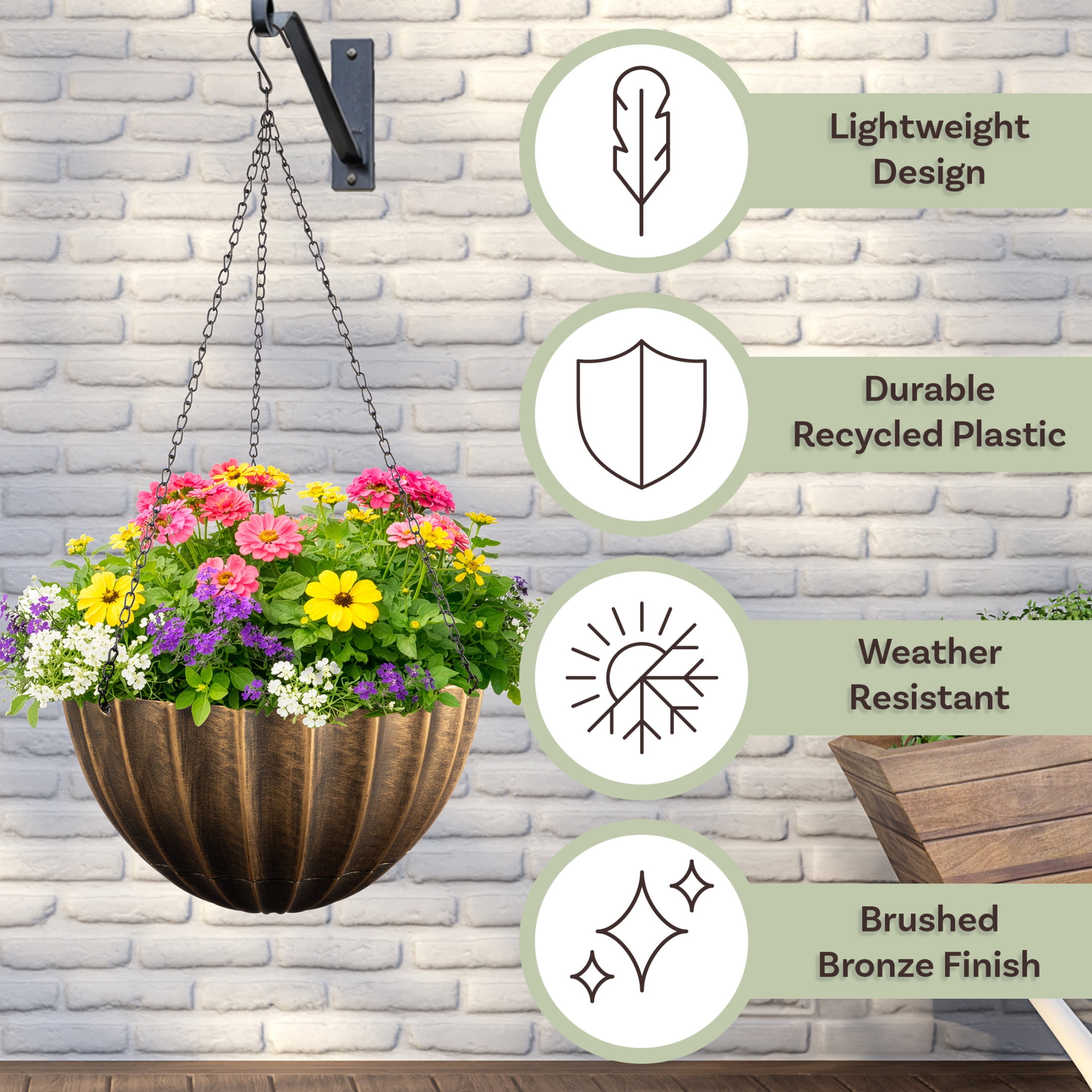 Pure Garden 12.5in Durable Plastic Hanging Planter 2-Pack with Drainage Reservoir, Bronze