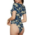 thumbnail image 2 of Bingfone Japanese Water Wave Pattern Women's Round Neck Bodysuit, Tight Snap Button Short Sleeve Bodysuit, Suitable for Party, Sports, Daily Wear-XX-Large, 2 of 7