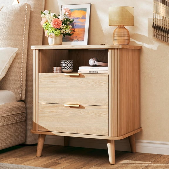 Fluted Nightstand, Night Stand with Charging Station, Mid Century Modern Bedside Table with Drawer & Open Shelf, Curved Profile Design, End Side Table with Storage for Bedroom, Oak