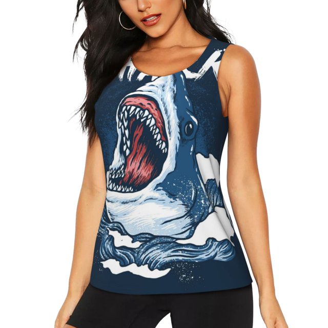 Balery Shark Camiseta sin mangas estampada ligera para mujer, tops de entrenamiento sin mangas, camisetas de yoga transpirables de secado rápido.-XX-Large