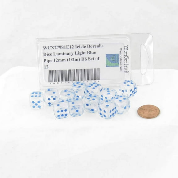 Icicle Borealis Dice Luminary with Light Blue Pips 12mm (1/2in) D6 Set of 12 Wondertrail