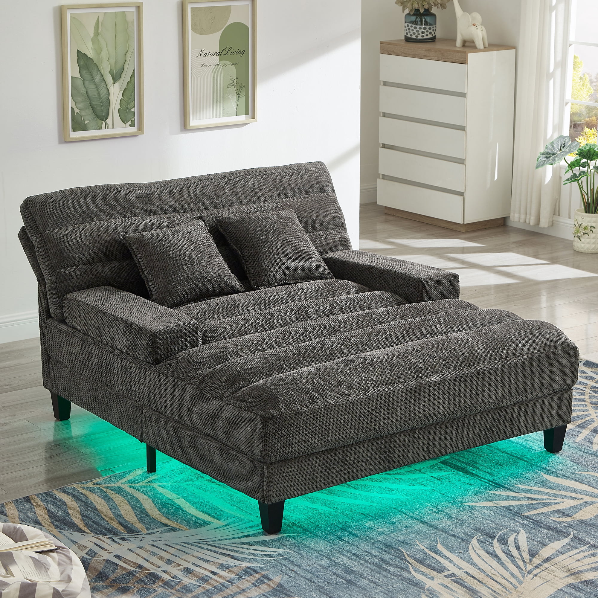 Euroco Modern Chaise Lounge Sofa 57.1" Sofa Bed Chenille Upholstered Lounge Sofa Chair with Adjustable Backrest and LED Light Strip for Living Room, Grey