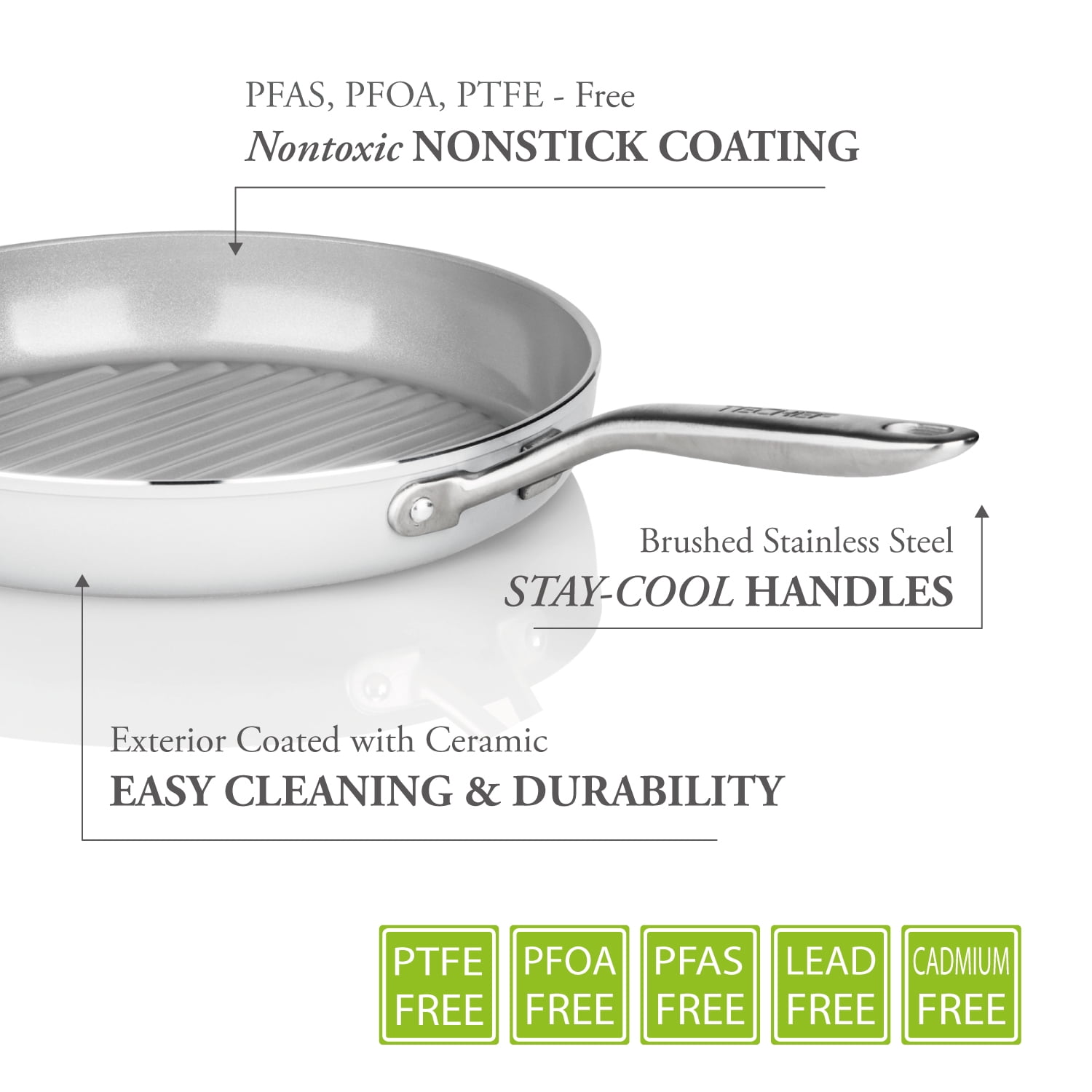 TECHEF CeraTerra Collection, 12" Ceramic Nonstick Grill Pan, Made in Korea