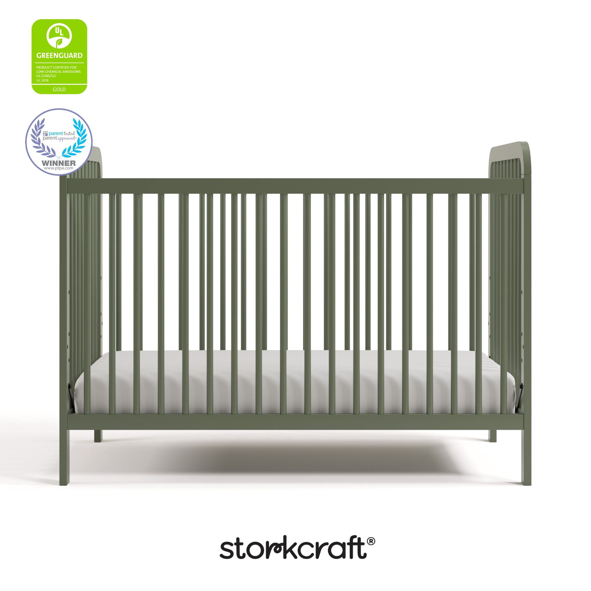 Storkcraft Pasadena 3-in-1 Convertible Crib – GREENGUARD Gold Certified, 100% Solid Wood, Fits Standard Crib Mattress, Converts to Toddler Bed and Daybed, 4 Mattress Heights   Olive