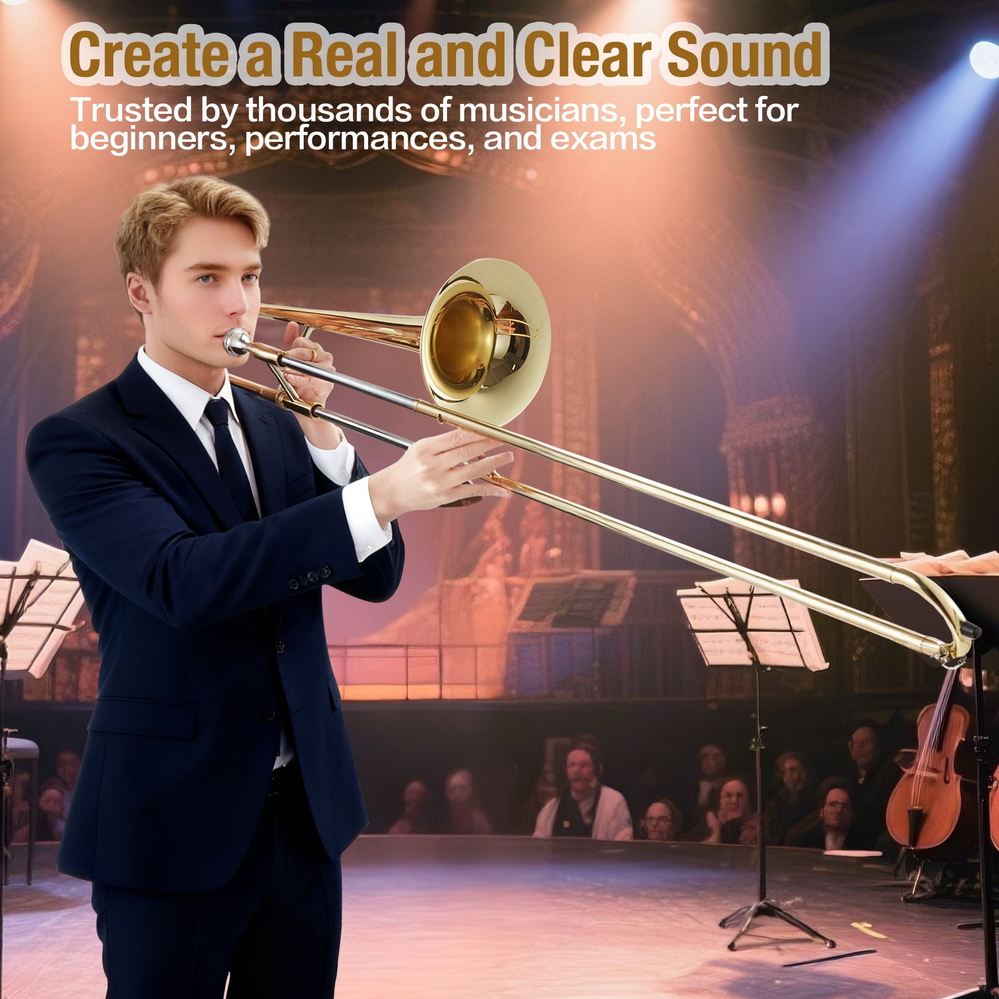 Eastar Bb Tenor Slide Trombone for Beginners Students, B Flat Brass Plated Trombone Instrument with  Hard Case, Mouthpiece, Gloves & Cleaning Kit for School Band & Practice
