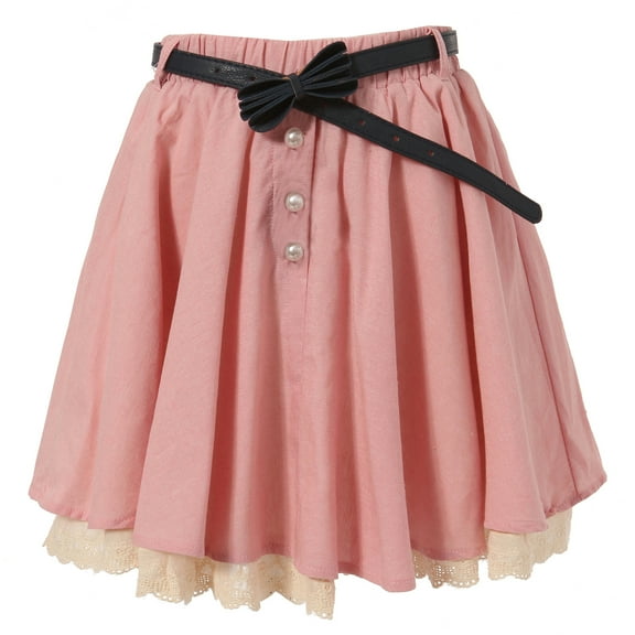 Richie House Little Girls Pink Ivory Lace Hem Pearl Accented Belted Skirt 3/4