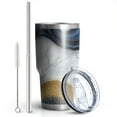 thumbnail image 2 of 30oz Blue Marble Gold Wave Pattern Tumblers Stainless Steel Tumbler with Lid and Straw,Vacuum Insulated Double Wall Travel Tumbler Cups Mug with Cleaning Brush for Coffee,Tea, 2 of 7