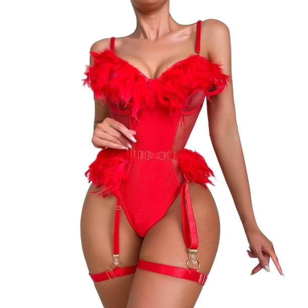 Gibobby Conjunto Lencería Tanga Y Bralette Mujeres Sexy Malla de Encaje Floral Bordado Liga ligada Lencería Ropa Interior Conjuntos de lencería Sexy(Rojo, CH)