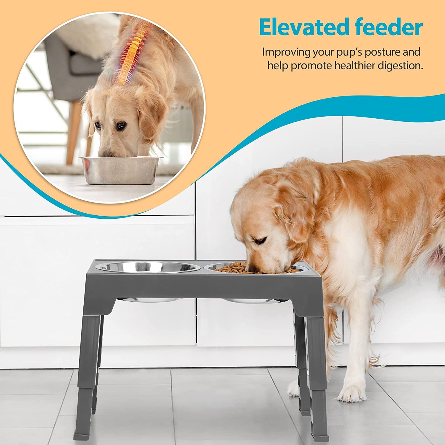 ZALALOVA Elevated Dog Bowls Stand with 2 Stainless Steel Dishes 1 Slow Feeder Dog Bowl, Raised Dog Bowl Adjusts to 5 Heights (3.15",8.9'',10",11.2'',12.4") for Medium and Large Dogs(Gray)
