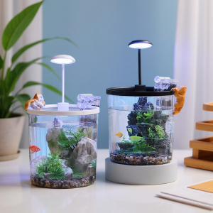 Ataucjin Aquarium Fish Tank Starter Kit with Silent Pump & Atmosphere Light Tabletop Decoration Tank with Landscape Stone Acrylic Rectangular Aquarium for Fish, Shrimp, Goldfishs 17.5x17.5x20cm