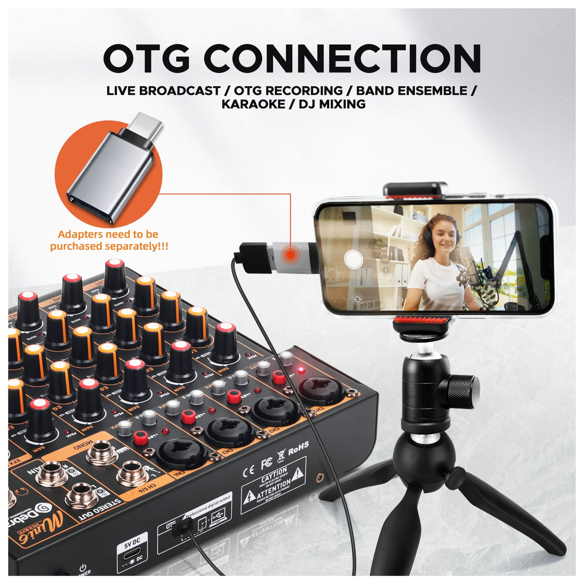 OTG Metal Mixer DJ Console Mini6 With Bluetooth 48V Power Delay Repaeat Effect For Sound Mixing Console PC Recording ,Easy to Operate