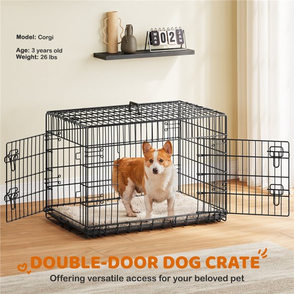 Yaheetech 36" Foldable Metal Dog Crate with 2 Doors and Pull Out Tray, Black