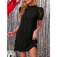 thumbnail image 3 of Black Lace A-Line Mini Dress With Puffed Short Sleeves And High Neck, 3 of 7