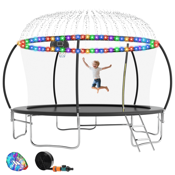 OVATOYS 1400LBS 14FT Trampoline for Adults and Kids,Trampoline with Enclosure,Light,Sprinklers,Basketball Hoop, Recreational Trampoline with Ladder, Heavy Duty Trampoline Capacity for 5-6 Kids