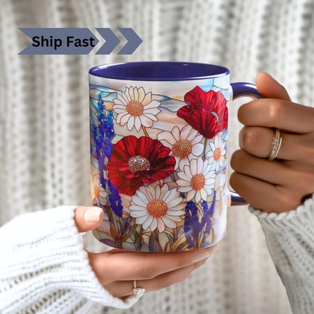 Patriotic Floral Coffee Mug: Red White Blue Stained Glass Style
