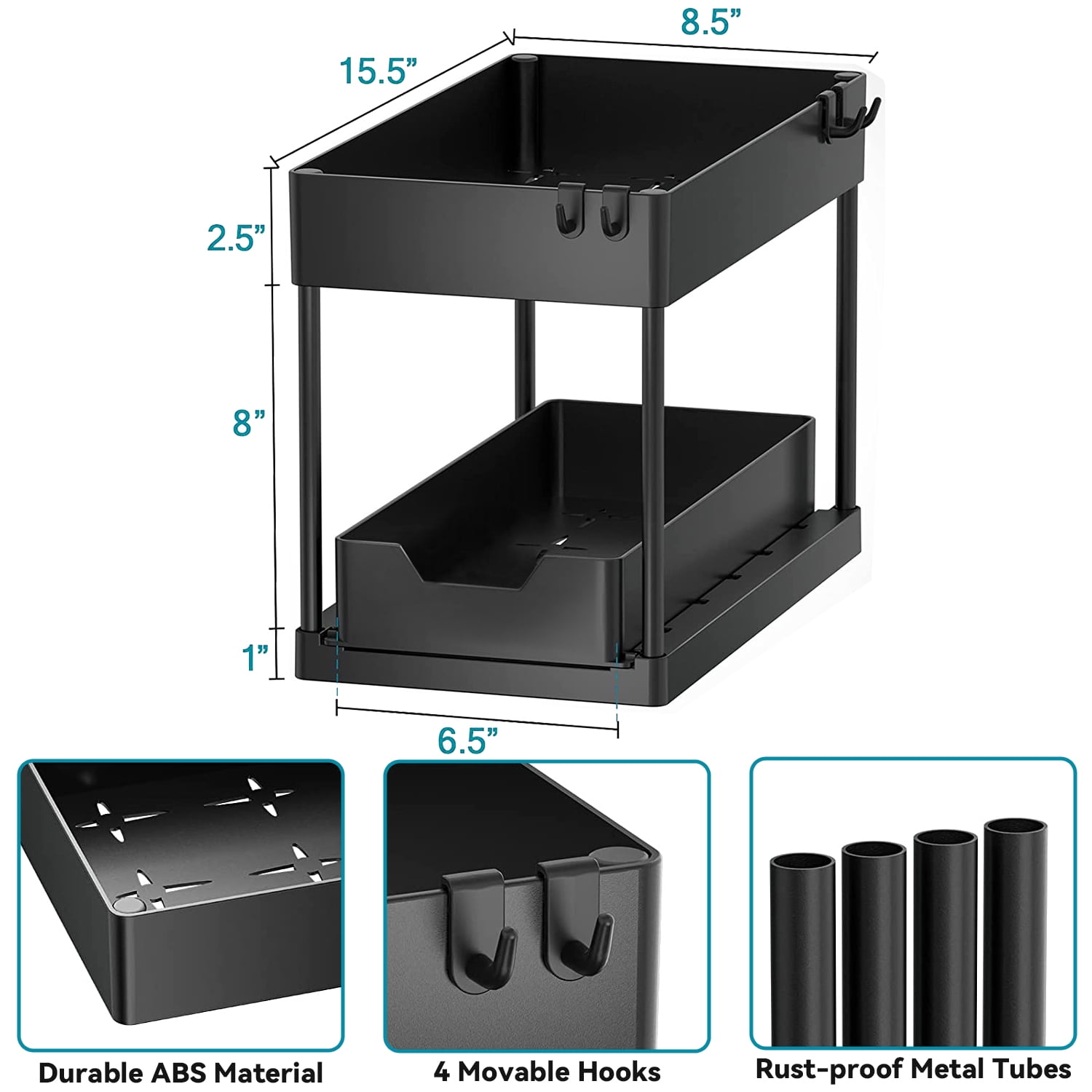  SBD 2 Pack UnderSink Organizers and Storage, 2-tier Sliding  Under Cabinet Organizer for Bathroom and Kitchen with Multi Purpose Door  Organizer, 4 Cups, and 10 Hooks - Black