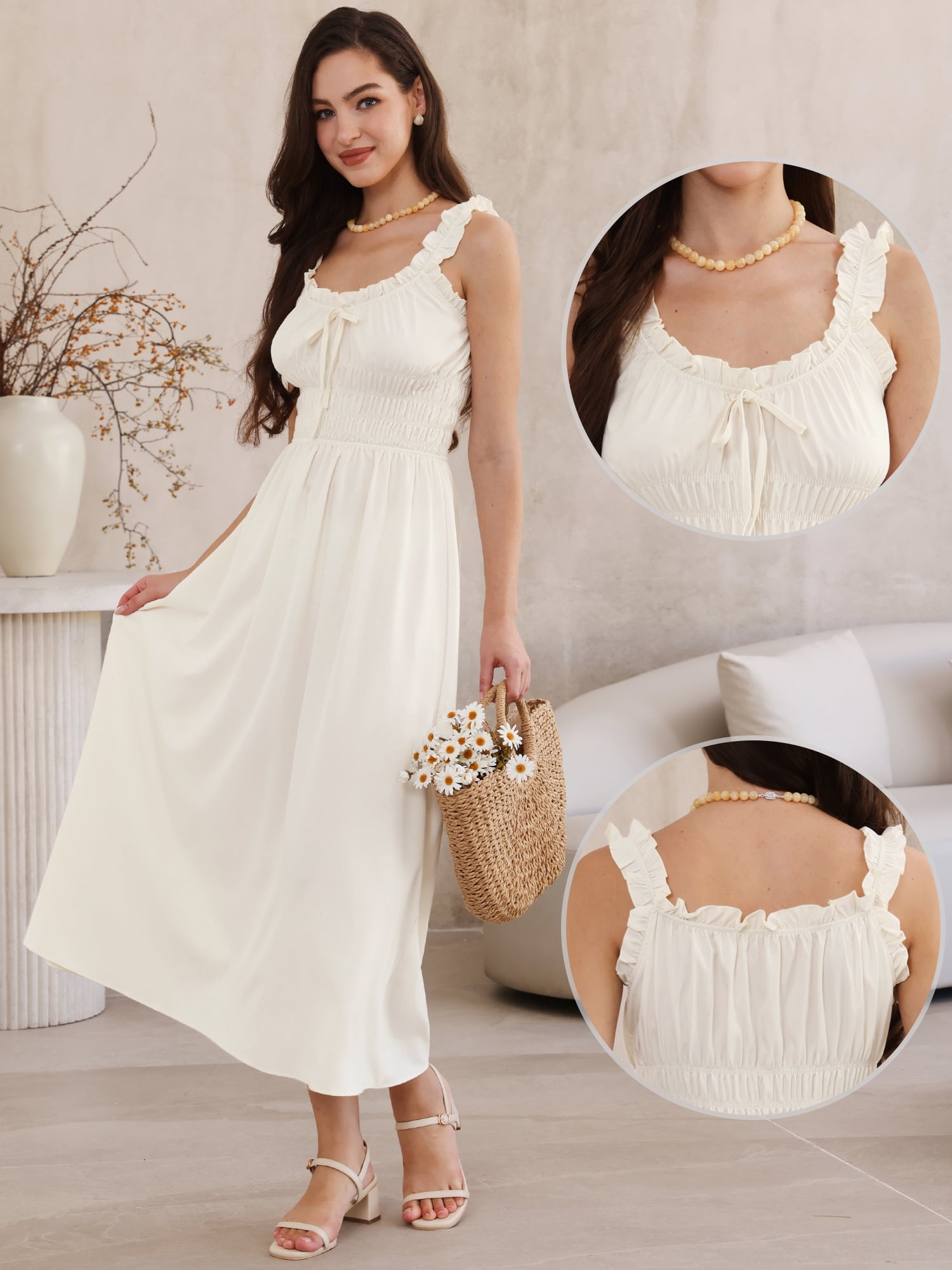 DARING DIVA Women's Spaghetti Strap Square Neck A Line Flowy Dress S Apricot