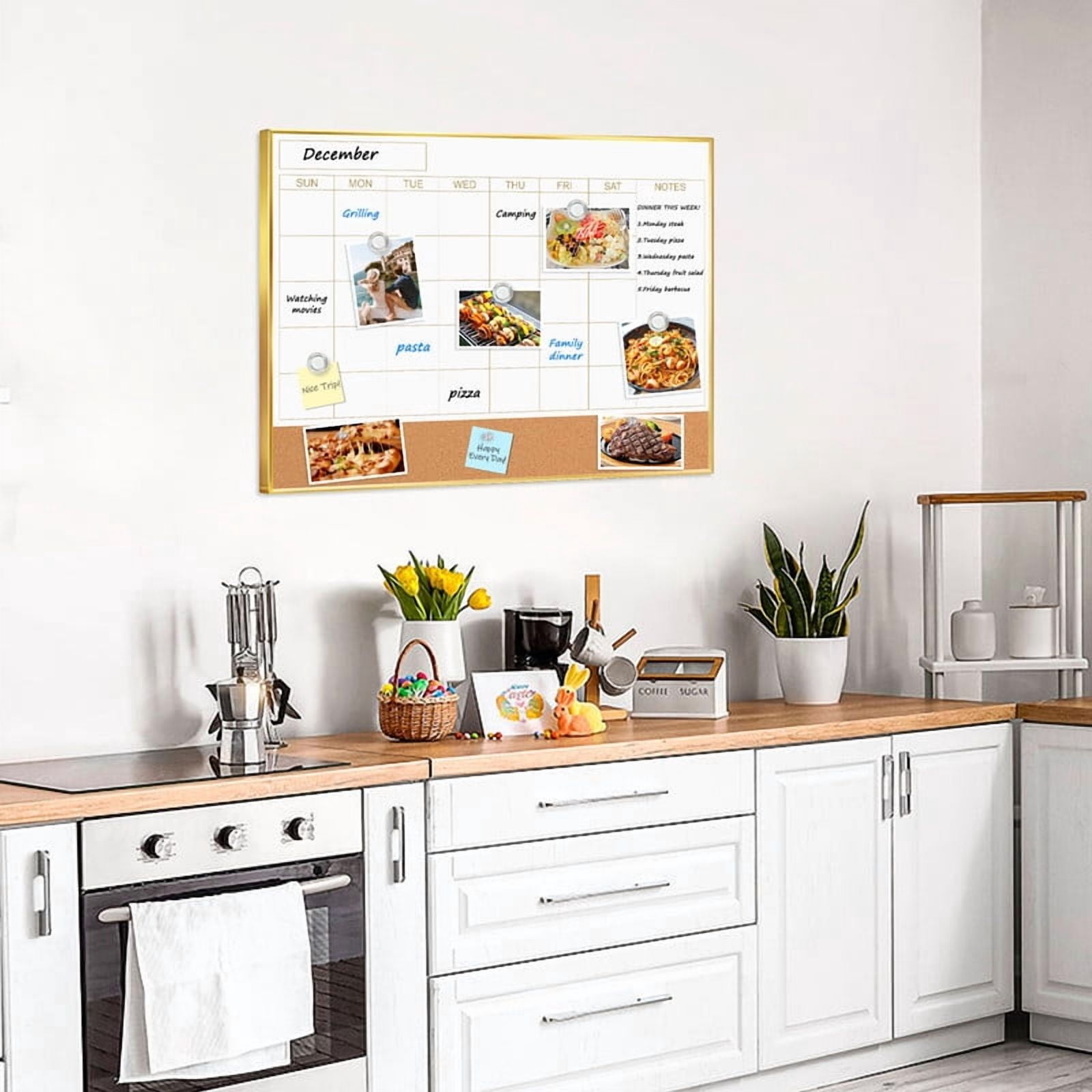 Dry Erase Calendar Whiteboard Cork Board Combo 24"x18" Magnetic White Board Calendar Dry Erase for Wall, Monthly Calendar Whiteboard Combination Board for Office Home, Gold Frame