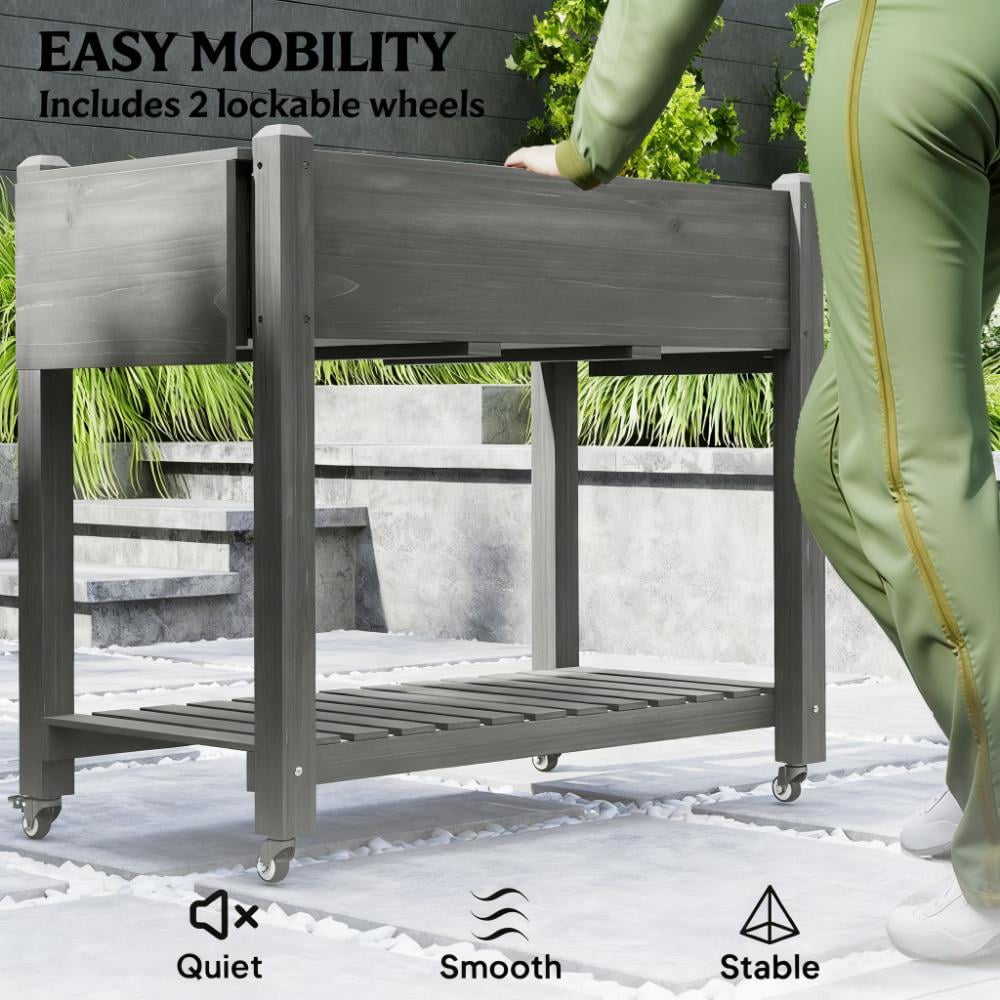 Elevated Garden Bed, Wood Raised Planter Box with Lockable Wheels, Side Tables, Bottom Shelf, Drain Holes