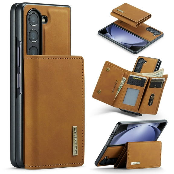 Compatible with Samsung Galaxy Z Fold 6 Removable 2 in 1 Wallet Case,Retro Premium PU Leather Cell Phone Back Cover Magnetic Detachable Trifold Wallet Credit Card Cash Holder Kickstand Case,Brown