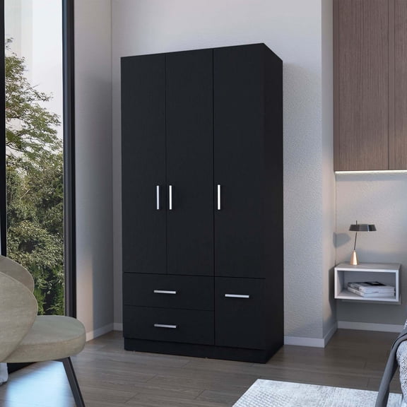 FM FURNITURE Douglas Armoire in melamine, two drawers, hanging rod and 4 doors.