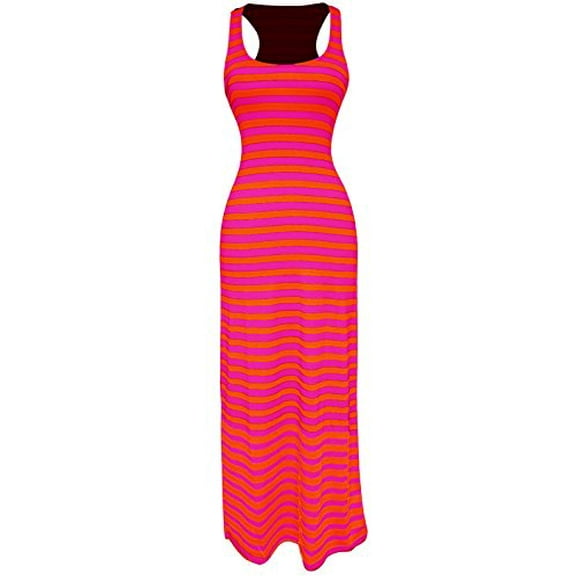 Peach Couture Racerback Summer Maxi Dress Striped Solid Sundress Fuchsia Orange S