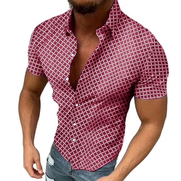 hlysgo Men's Stripe Shirts Regular Short Sleeve Dress Shirt Button Down Casual Summer Beach Travel Shirts Red,XL