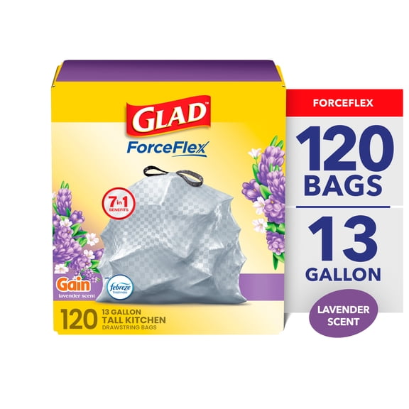 Glad ForceFlex Tall Kitchen Trash Bags, 13 Gallon (Gain Lavender Scent)