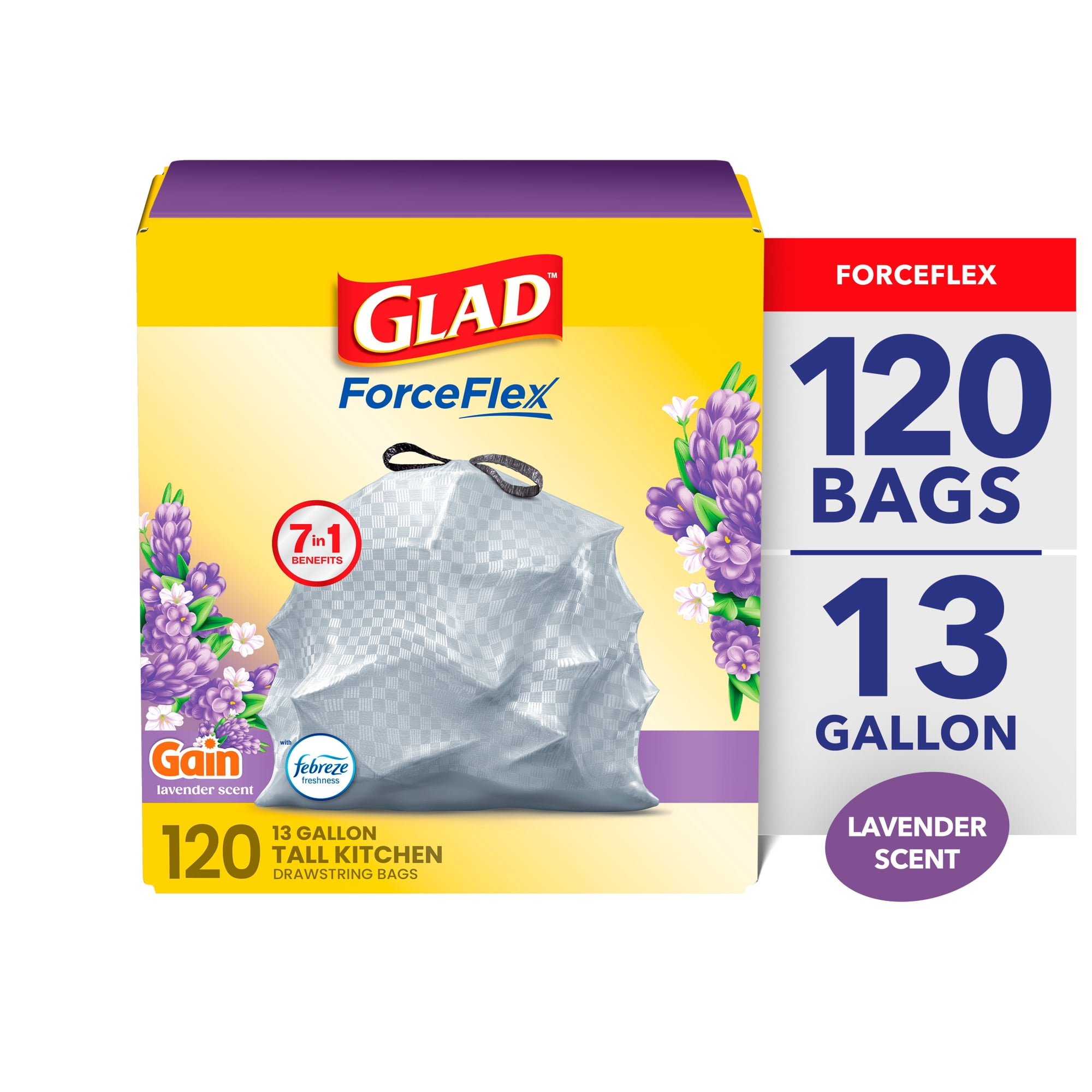 Glad ForceFlex 13-Gallon Drawstring Tall Kitchen Trash Bags, Gain Lavender Scent, 120 Bags