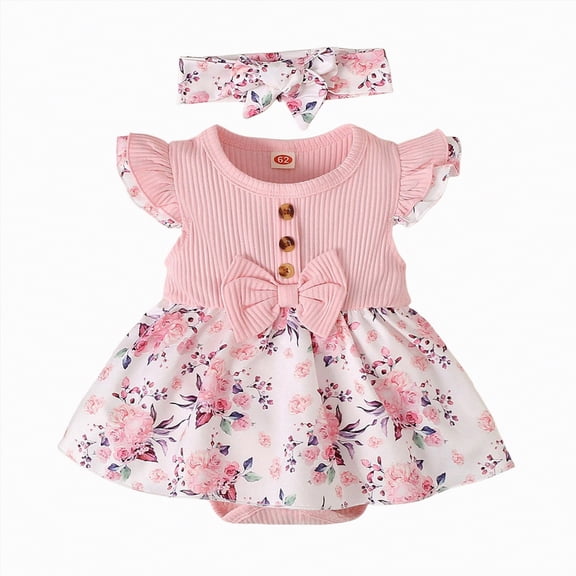 CAICJ98 Baby Girl Clothes Newborn Ruffled Sleeveless Floral Romper Dreesy Bodysuit Heaedband 2pcs Baby Girl Summer Clothes (Pink,3-6 Months)