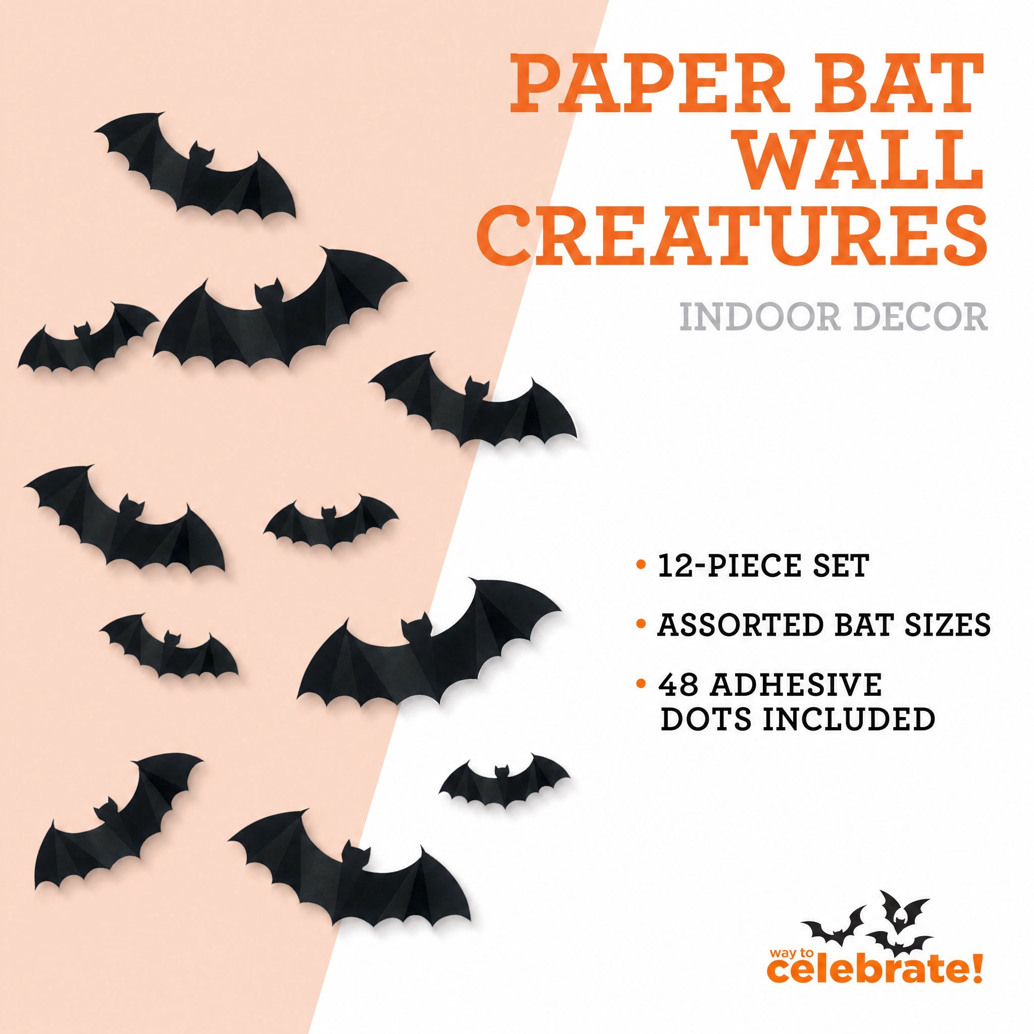 Paper Bat Wall Creatures Decoration, Black, 12 Pieces, Halloween by Way To Celebrate